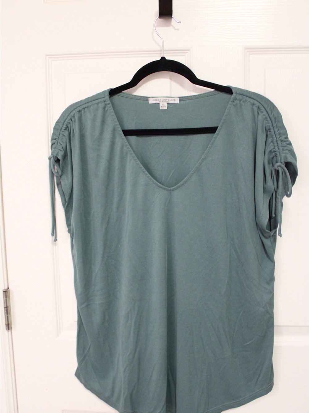 Green Envelope Sage Green V-Neck Short Sleeve Top with Ruched Tie Sleeves
